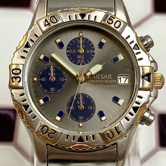 Vintage Pulsar by Seiko Two-Tone Three-Eye Men’s Unisex Chronograph Watch